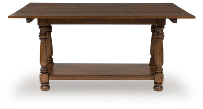 Sturlayne Flip Top Sofa Table brown wood with turned legs and lower shelf on Tampa Home & Garden Store