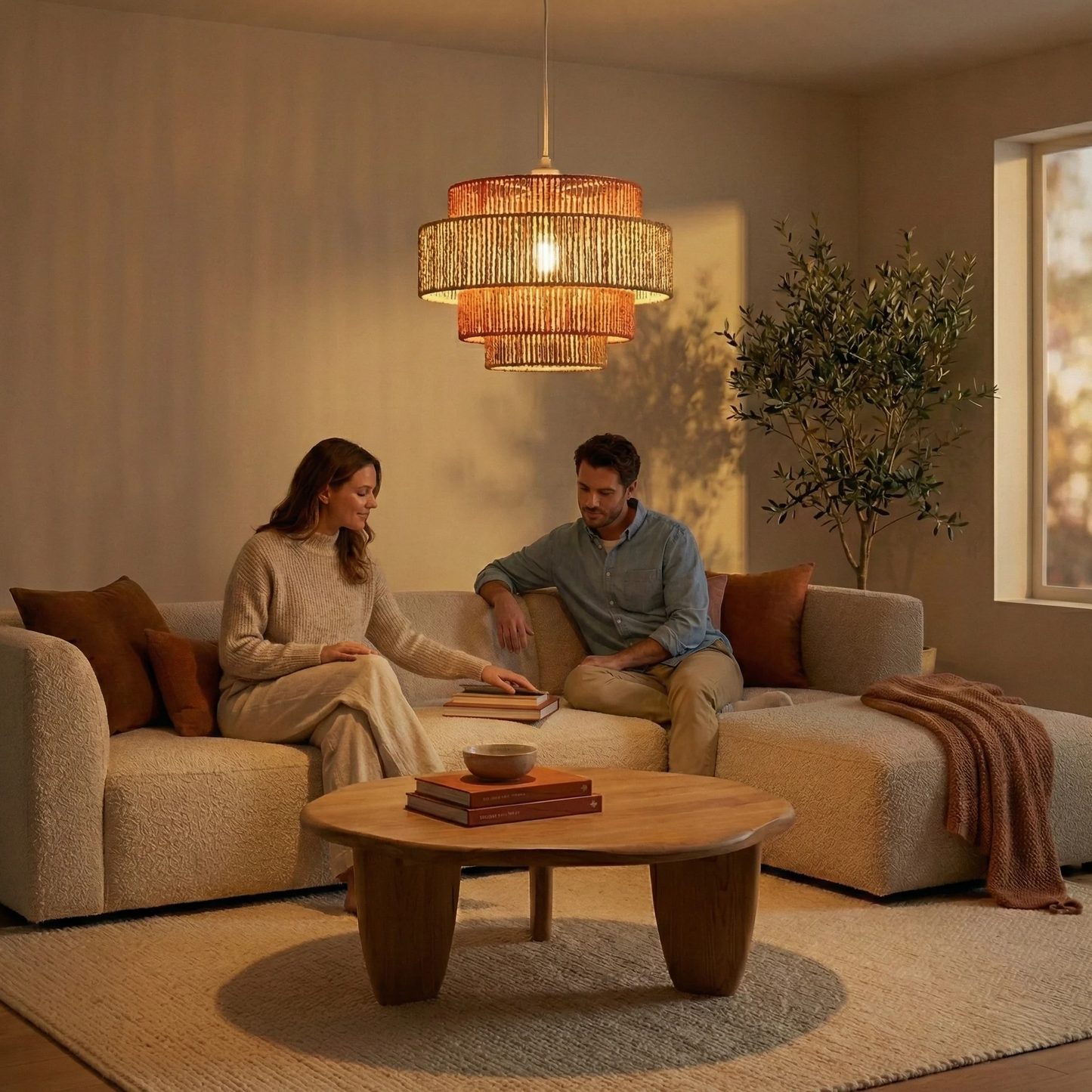 Dorset Pendant Lamp by HouseOfZazla, woven natural fiber drum shade, warm amber tones on Tampa Home & Garden Store