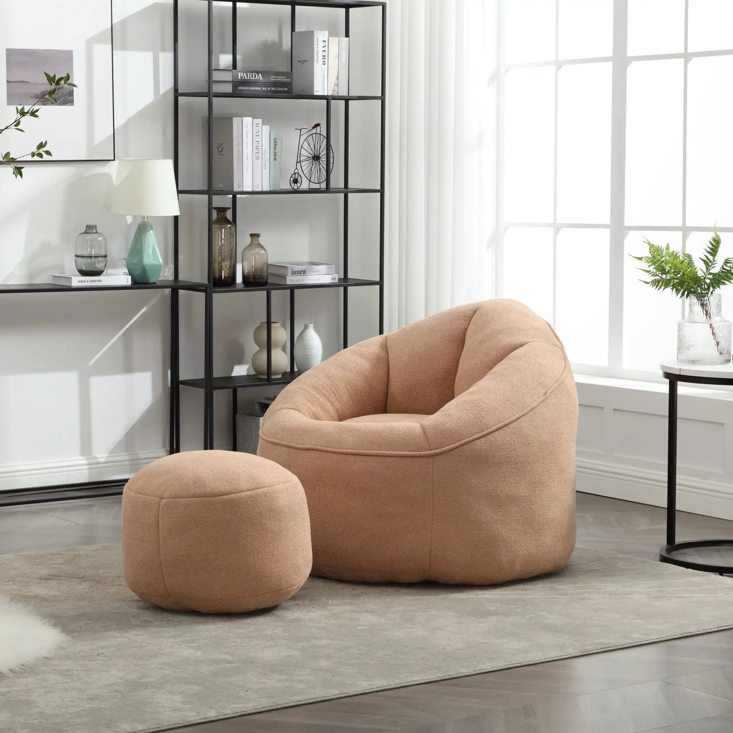 Tan bean bag chair with matching ottoman, high-pressure foam seat, stationary chair & ottoman on Tampa Home & Garden Store