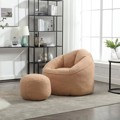 Tan bean bag chair with matching ottoman, high-pressure foam seat, stationary chair & ottoman on Tampa Home & Garden Store