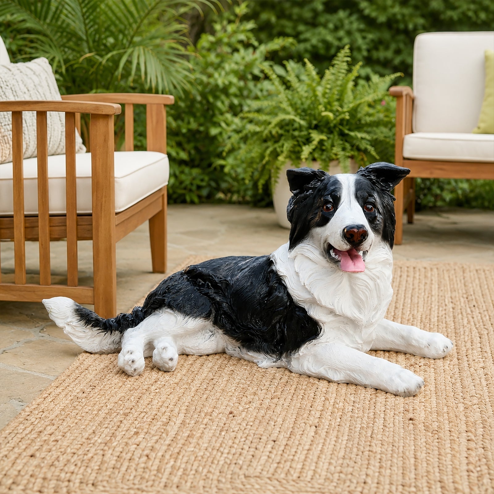 Outdoor Border Collie statue greeter, black and white, lying on a woven patio rug beside chairs on Tampa Home & Garden Store