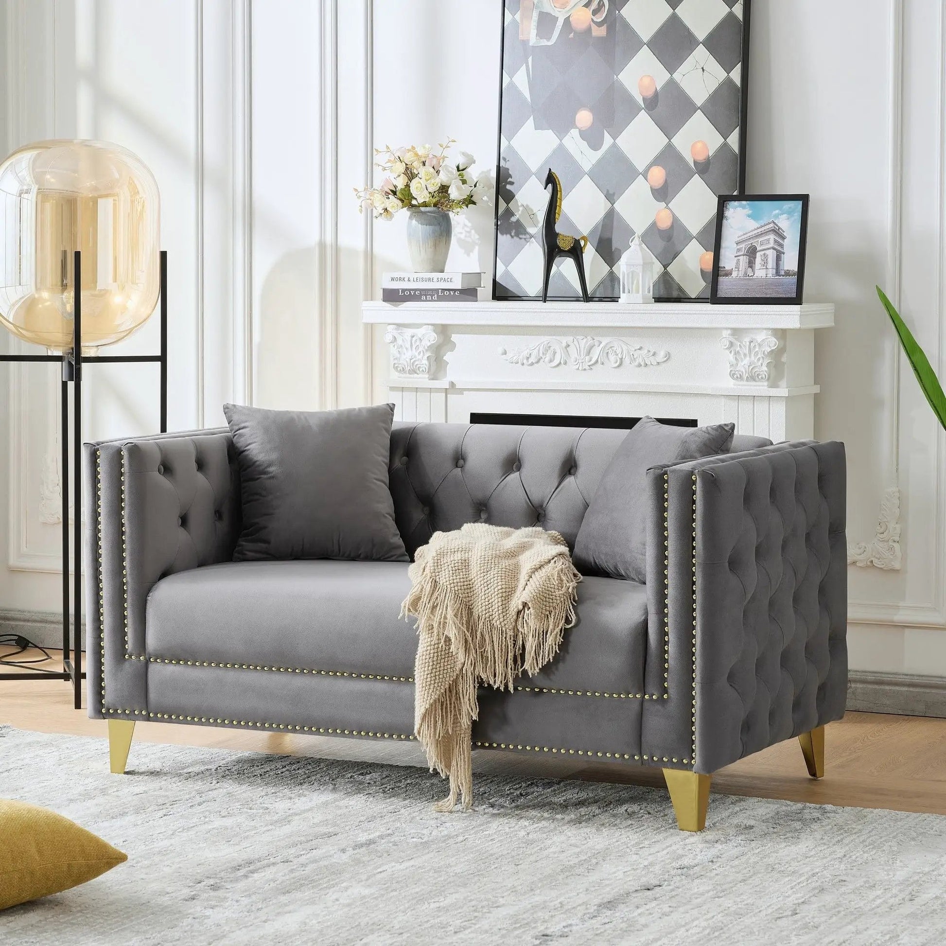 2 Seater sofa with button nailhead, square-arm in grey upholstery Unique Piece Furniture on Tampa Home & Garden Store