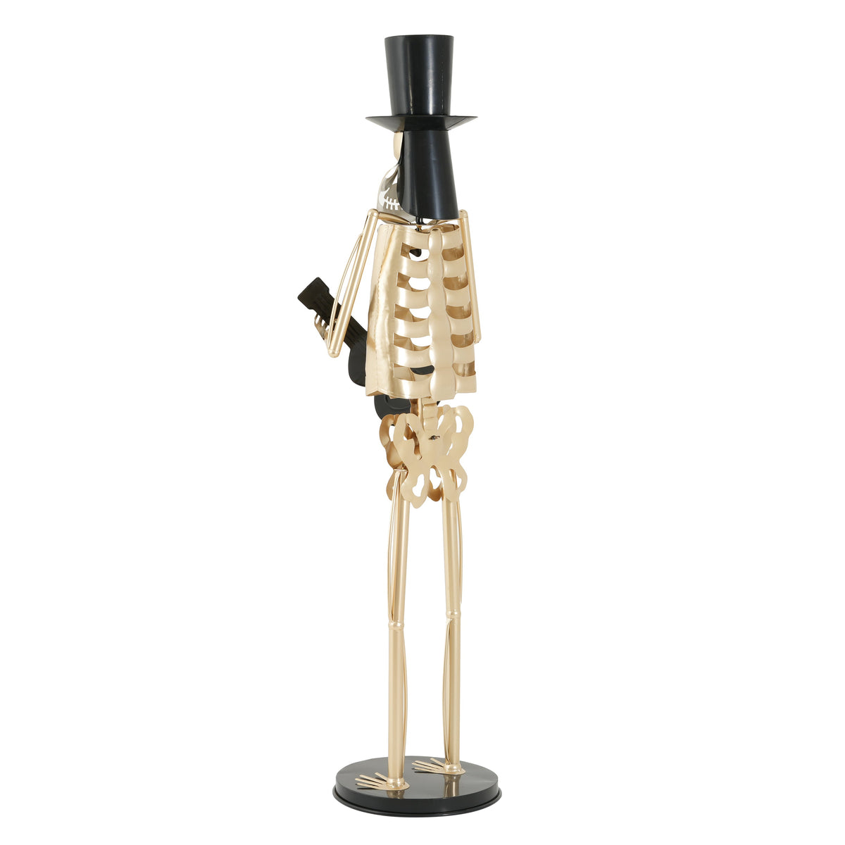 Black metal skeleton musician statue with top hat and gold skeleton frame on Tampa Home & Garden Store