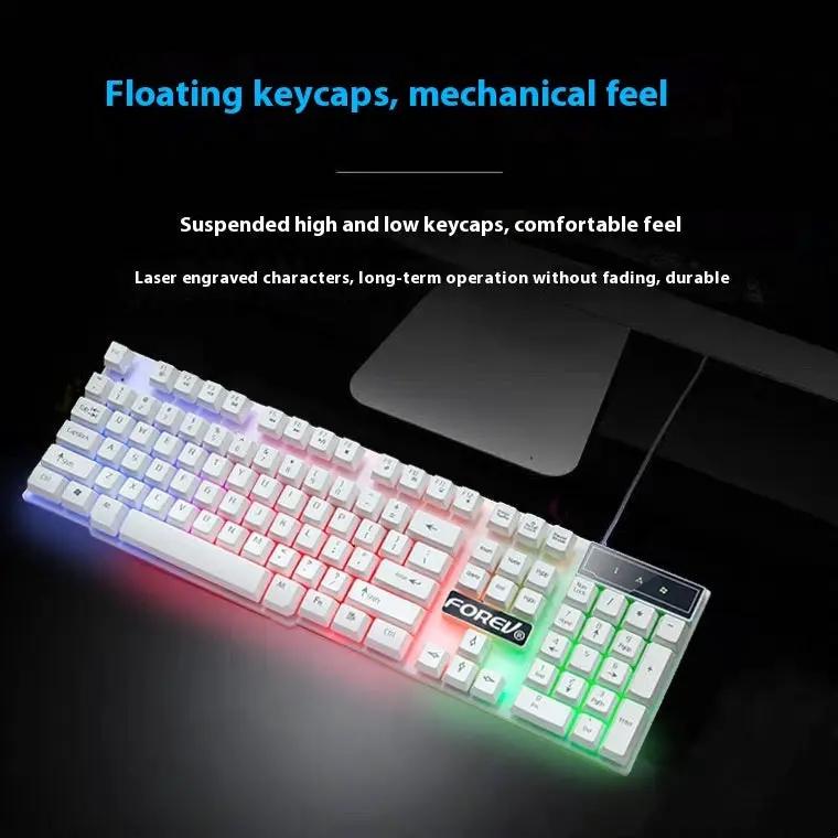 Wired luminous RGB keyboard with white keys and Forever logo, desktop computer accessory on Tampa Home & Garden Store