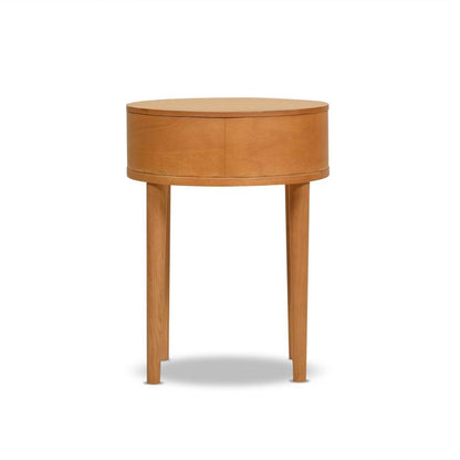 Cabana Round Cane Storage Side Table in Natural Brown Oak with tapered legs on Tampa Home & Garden Store