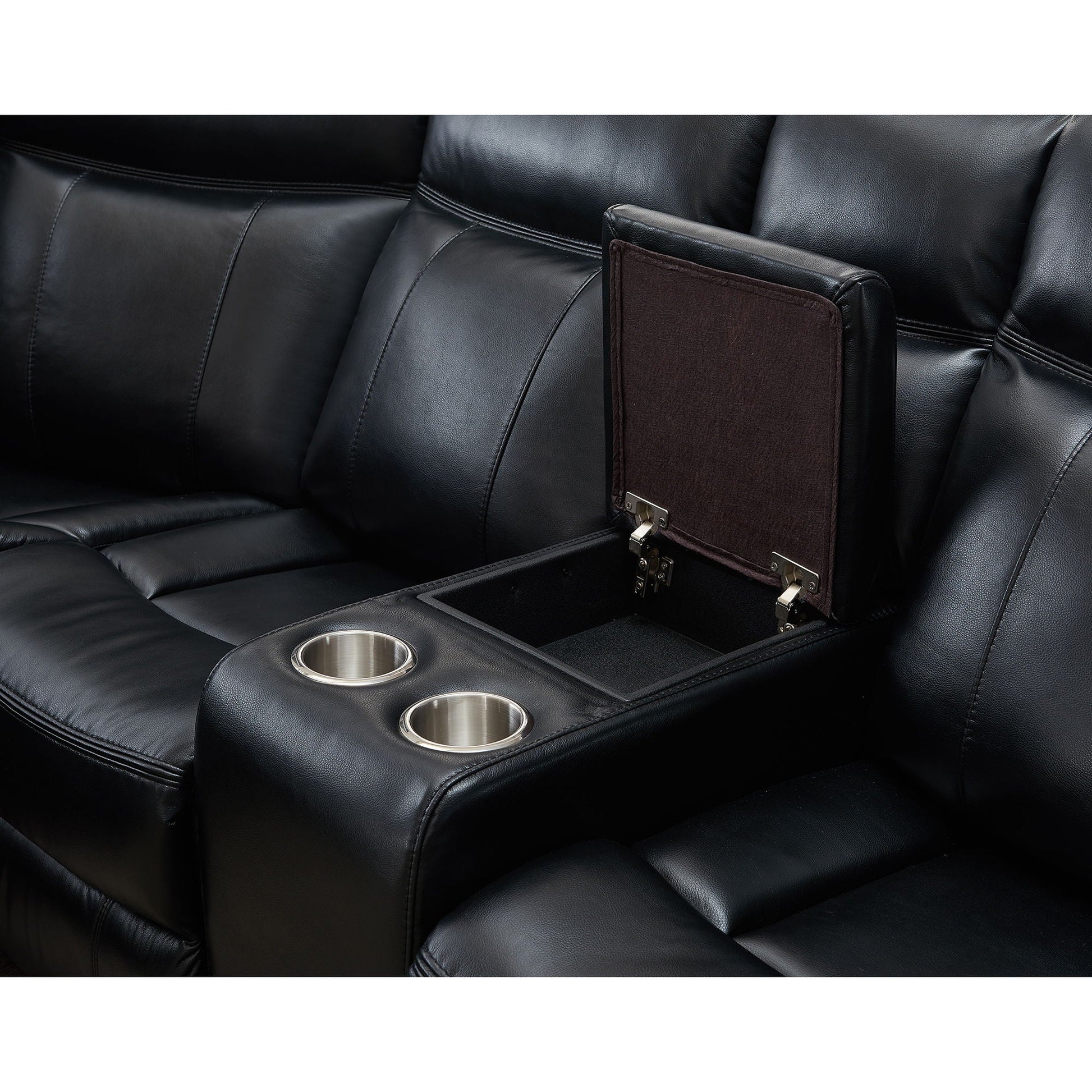 Jupiter leather reclining sectional black with built-in cupholders and center console on Tampa Home & Garden Store