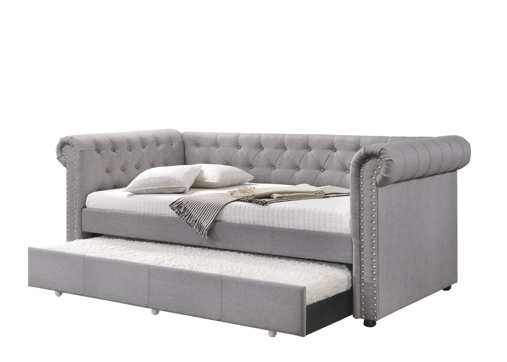 Justice twin daybed with trundle in smoke gray, tufted upholstery with nailhead trim on Tampa Home & Garden Store