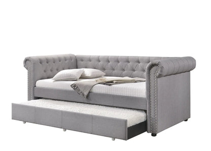 Justice twin daybed with trundle in smoke gray, tufted upholstery with nailhead trim on Tampa Home & Garden Store