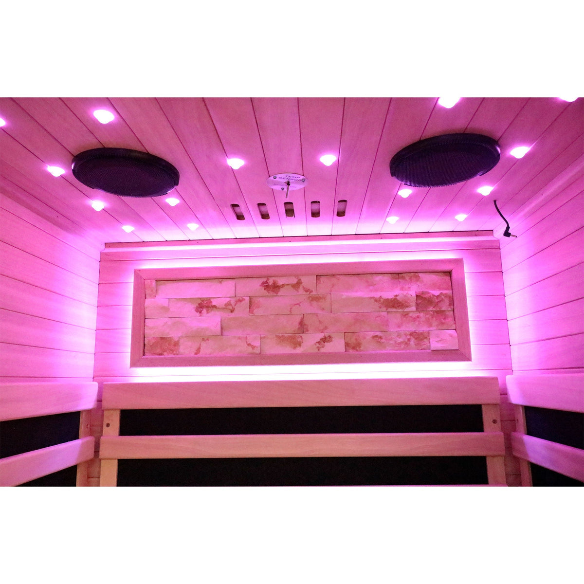 American White Oak single sauna room with LED lighting, pink glow, ceiling speakers and bench on Tampa Home & Garden Store