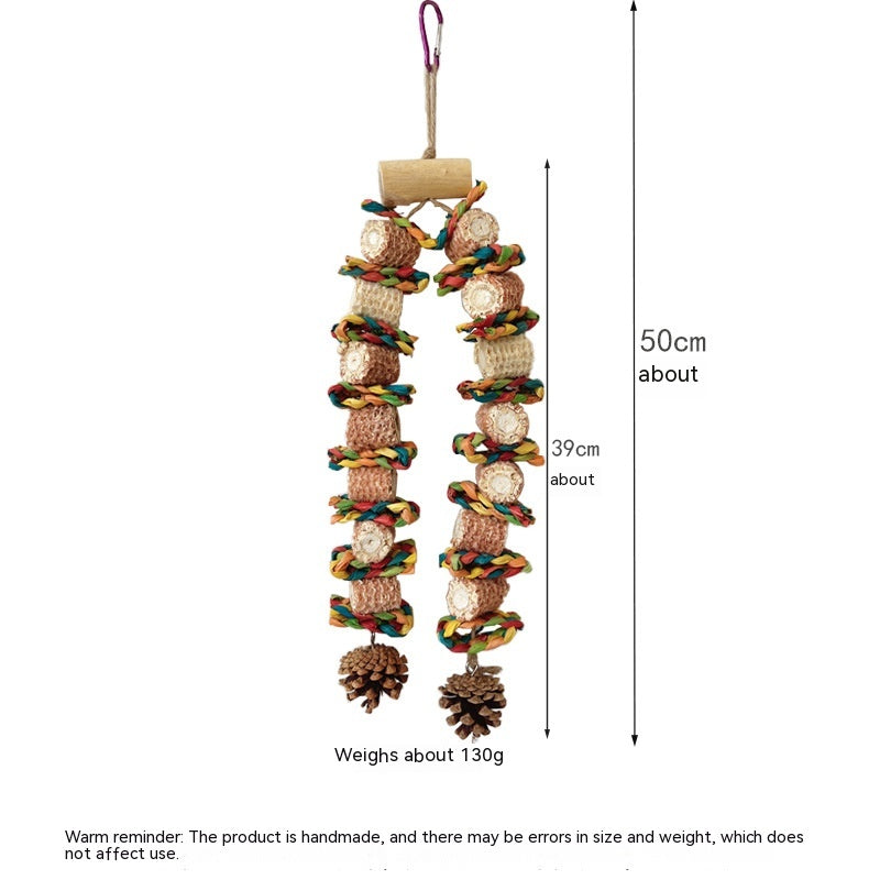 Parrot grinding mouth toy for medium/large birds, two wood-block strands with colorful rope and loop on Tampa Home & Garden Store