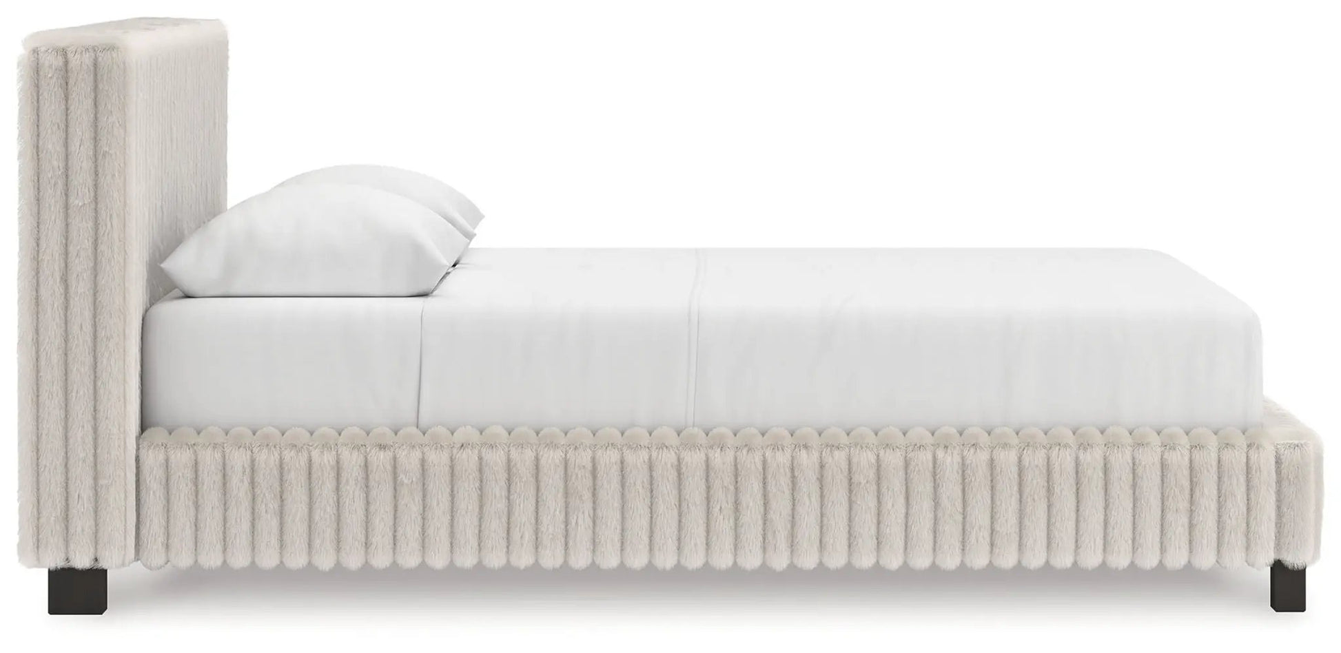 Zuraleus upholstered bed cream boucle with tall headboard and pom-pom fringe base on Tampa Home & Garden Store