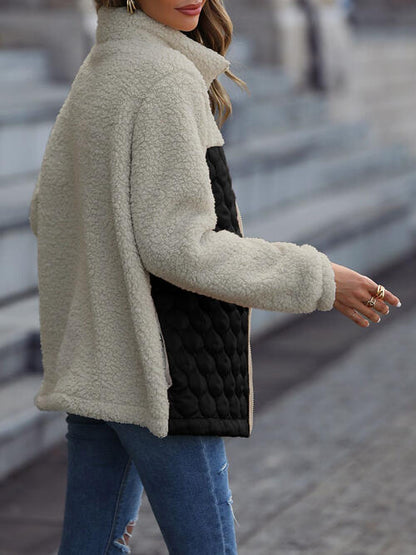 Stevvex jacket with beige sherpa outer and black quilted panel, zip-up coat with pockets on Tampa Home & Garden Store