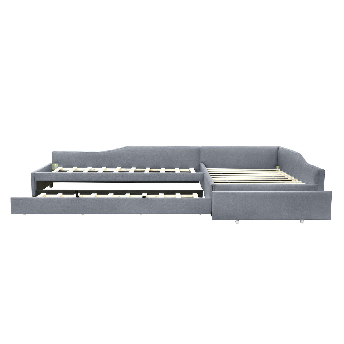 Upholstered double daybed with trundle and drawer in gray fabric by HouseOfZazla, slatted frame on Tampa Home & Garden Store