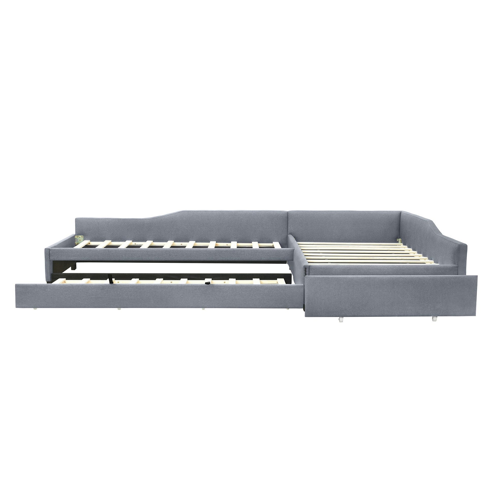 Upholstered double daybed with trundle and drawer in gray fabric by HouseOfZazla, slatted frame on Tampa Home & Garden Store