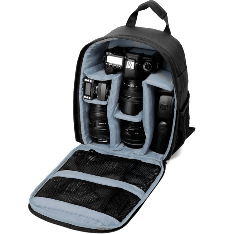 Puhongda DSLR camera backpack with blue interior dividers and multiple lenses on Tampa Home & Garden Store