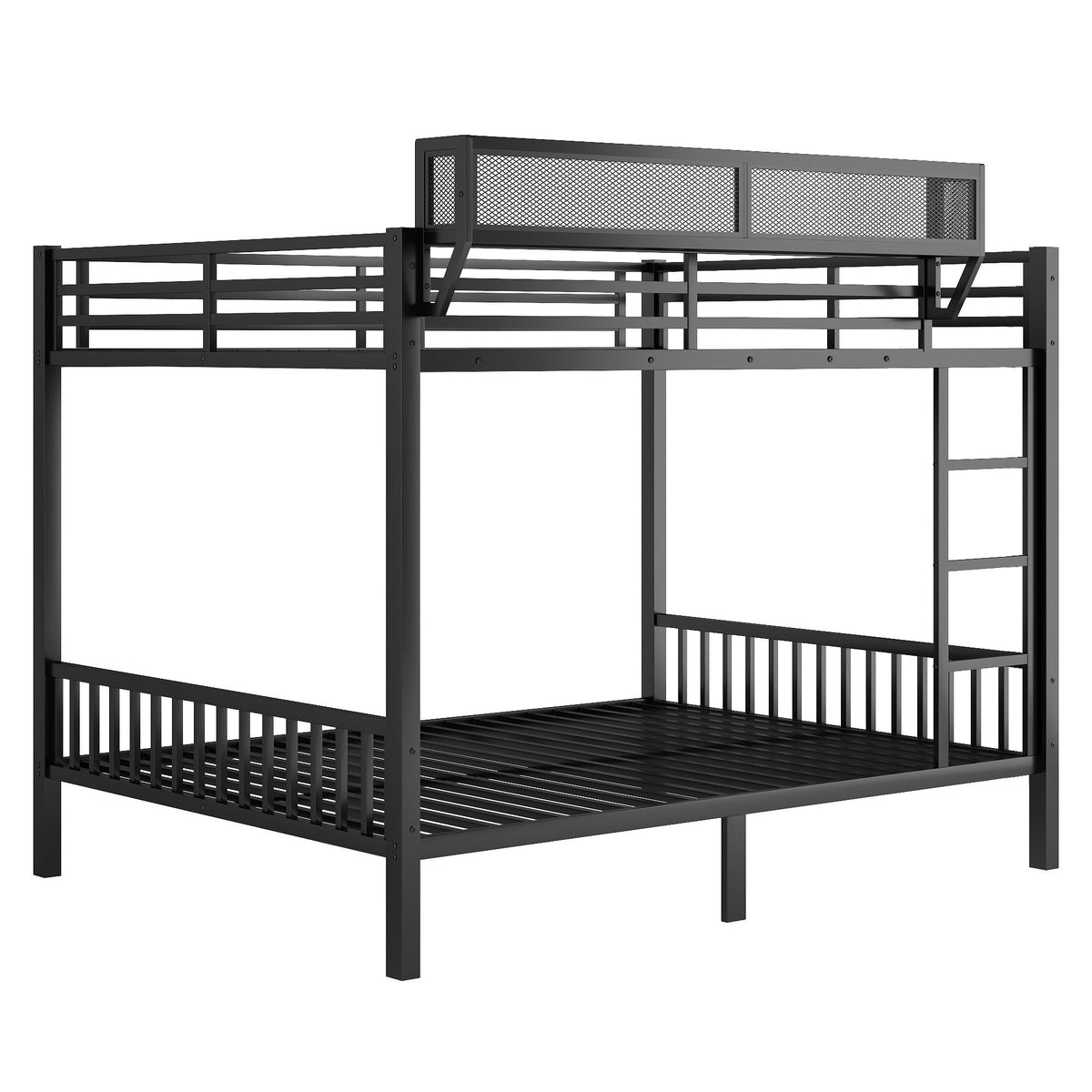Queen over Queen bunk bed black metal frame with ladder and storage shelf on Tampa Home & Garden Store