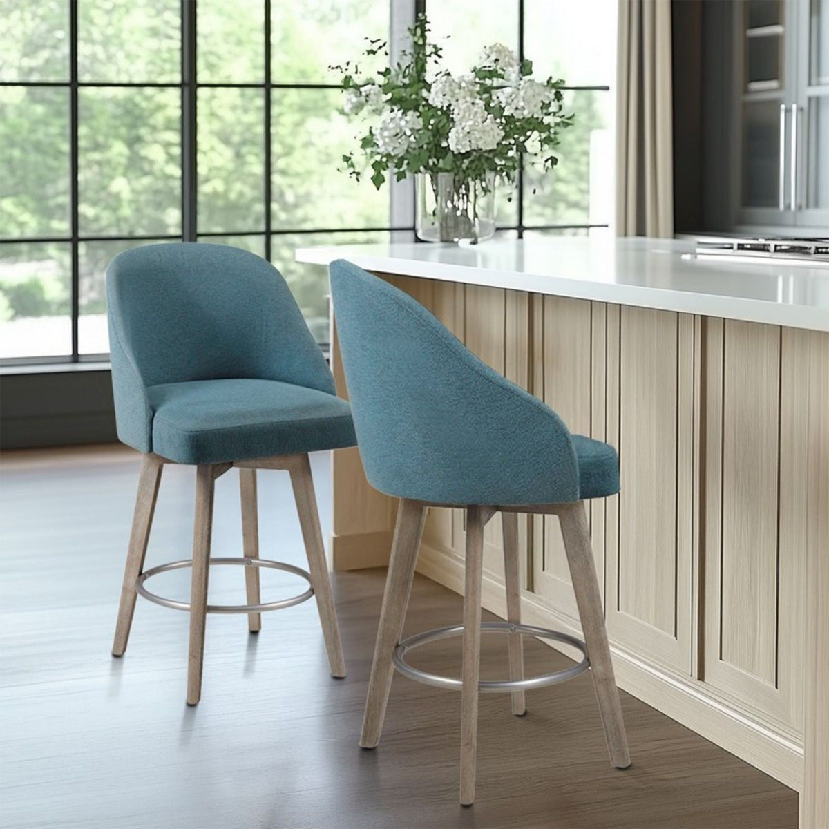 Bar stool with swivel blue upholstery, solid wood legs, counter height 24–27 in, HouseOfZazla pair on Tampa Home & Garden Store