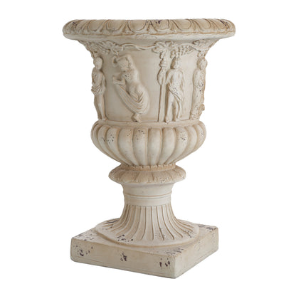 Garden Urn antique white 27in tall with carved relief figures and grape motif, HouseOfZazla on Tampa Home & Garden Store