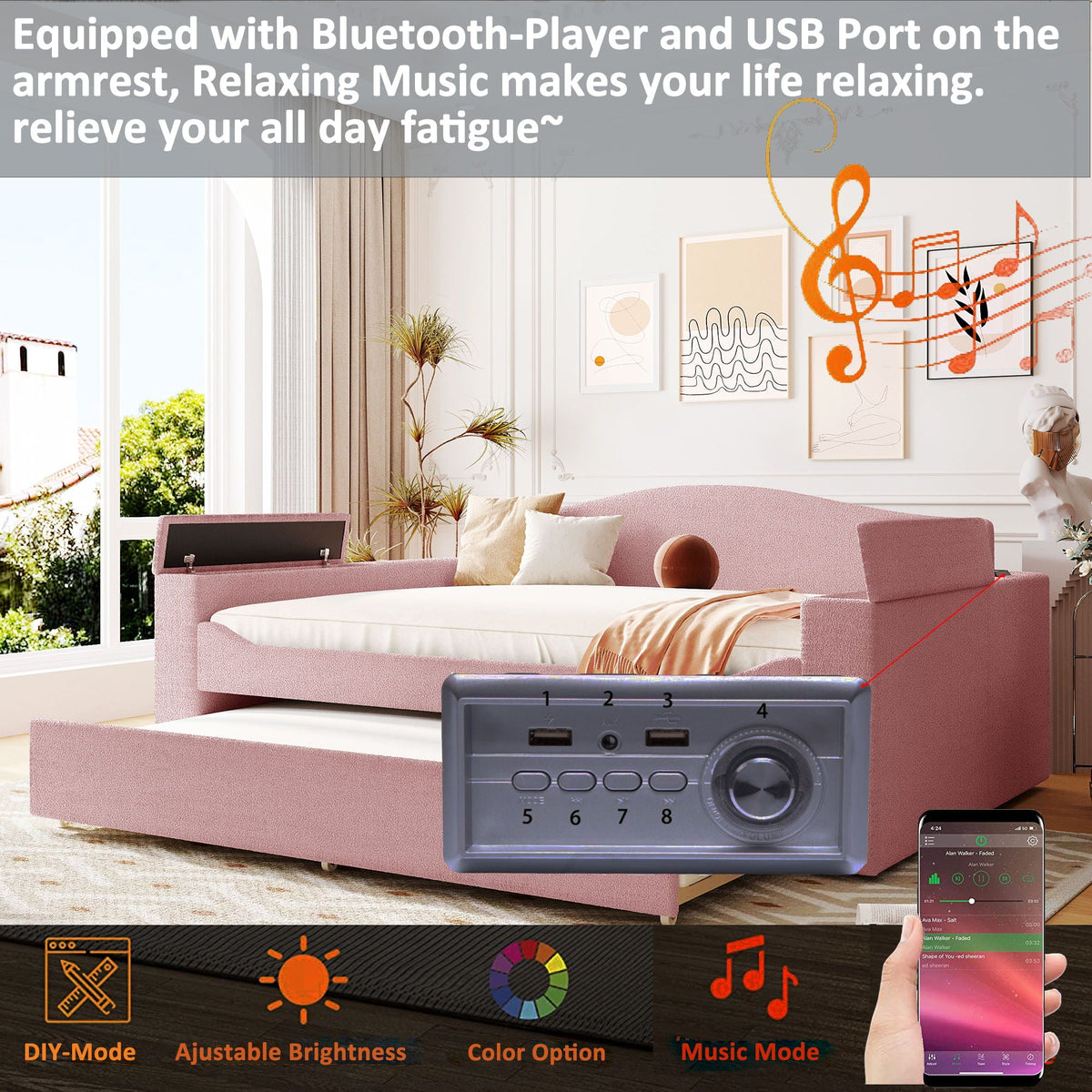 Pink upholstered daybed with storage armrests and under-bed trundle, built-in audio system on Tampa Home & Garden Store