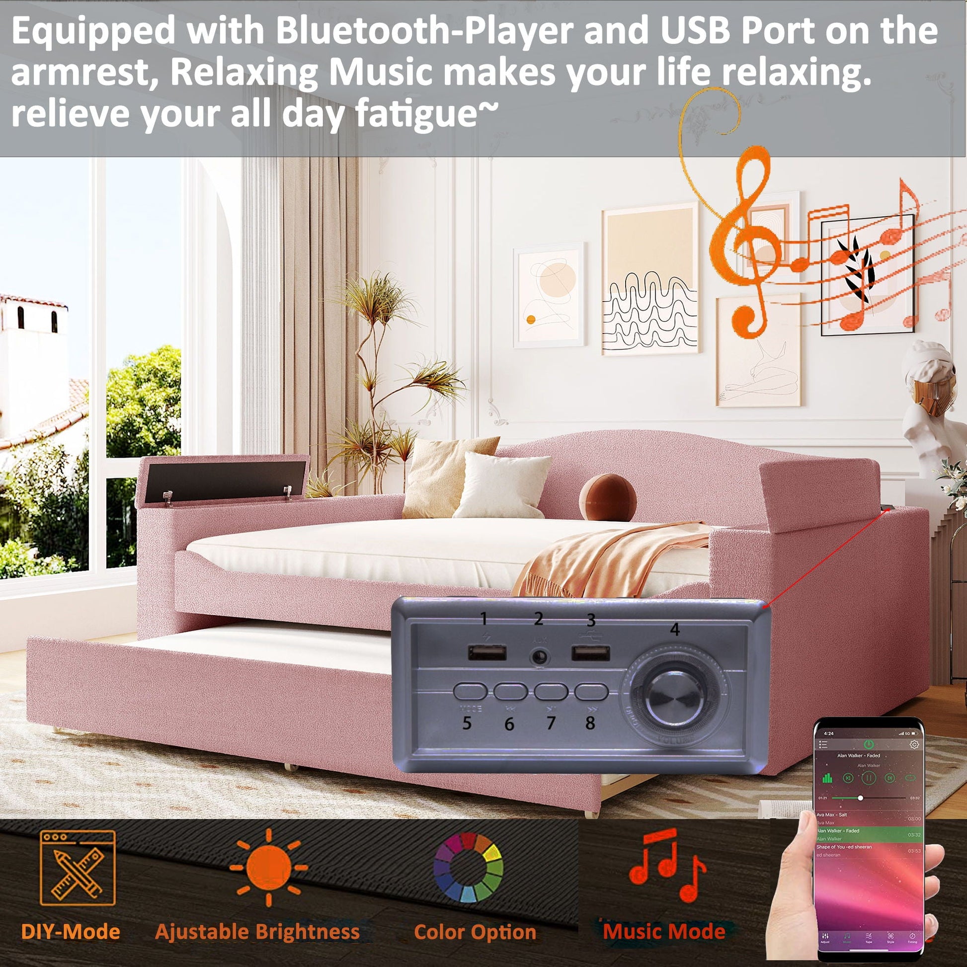 Pink upholstered daybed with storage armrests and under-bed trundle, built-in audio system on Tampa Home & Garden Store