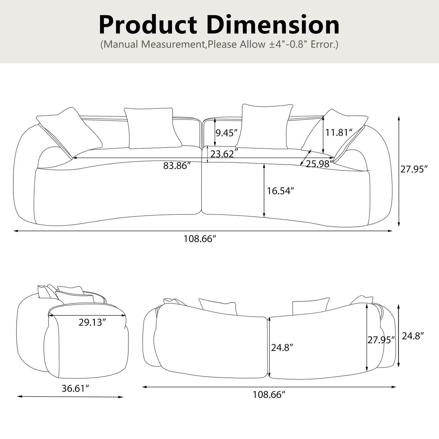 Curved Compressed Sofa diagram, Nordic design by Unique Piece Furniture, 108.66in length on Tampa Home & Garden Store