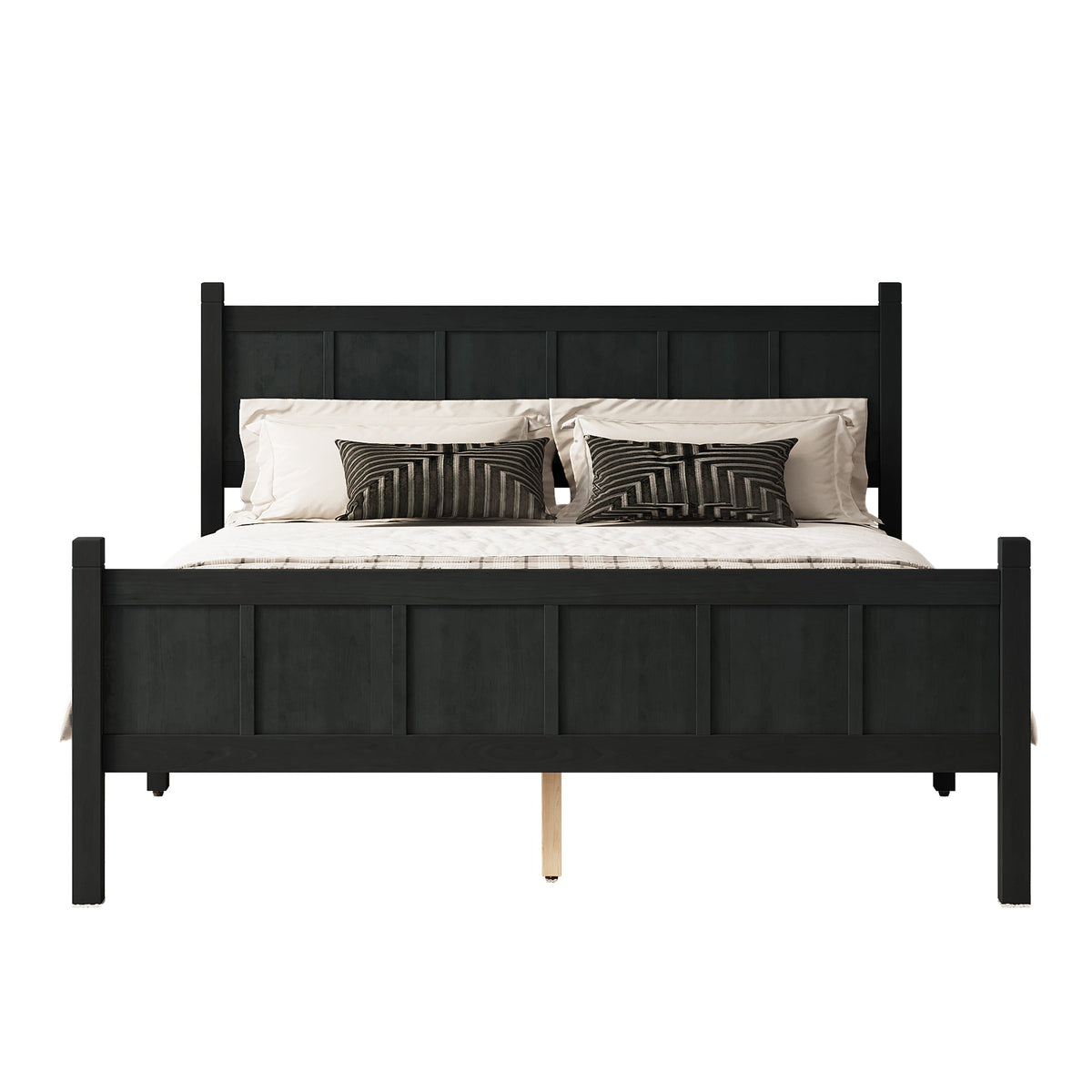 Queen Size Flat Panel Bed with Headboard & Footboard in black wood, beige bedding, HouseOfZazla on Tampa Home & Garden Store