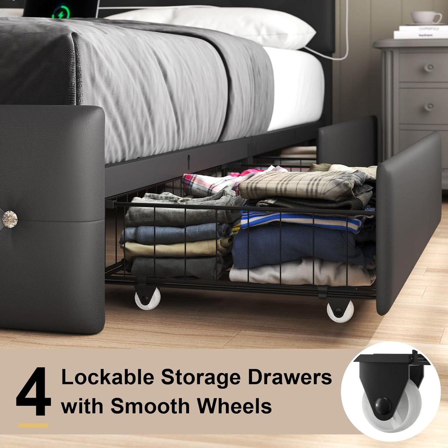 Upholstered Bed Frame with LED Lights Storage