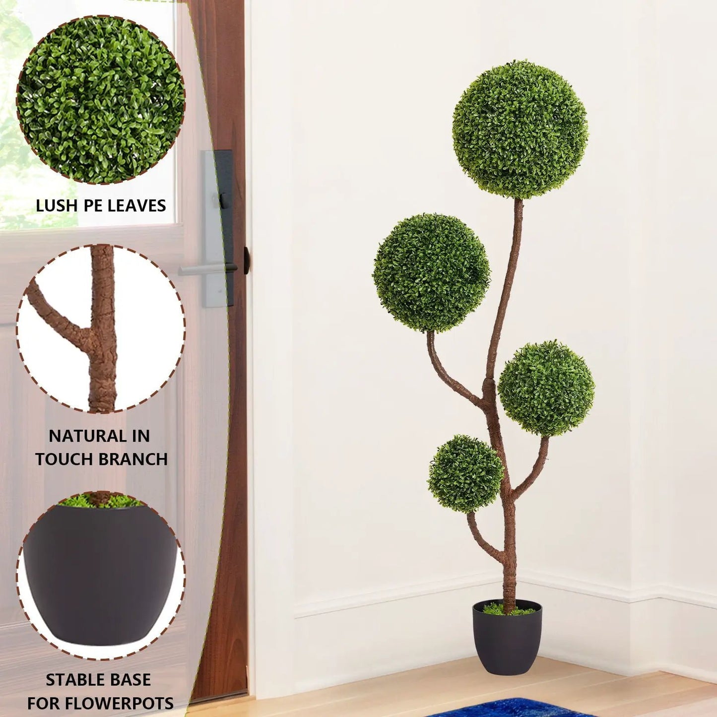 Artificial boxwood topiary with triple ball shapes, green PE leaves, 150 cm tall in pot on Tampa Home & Garden Store
