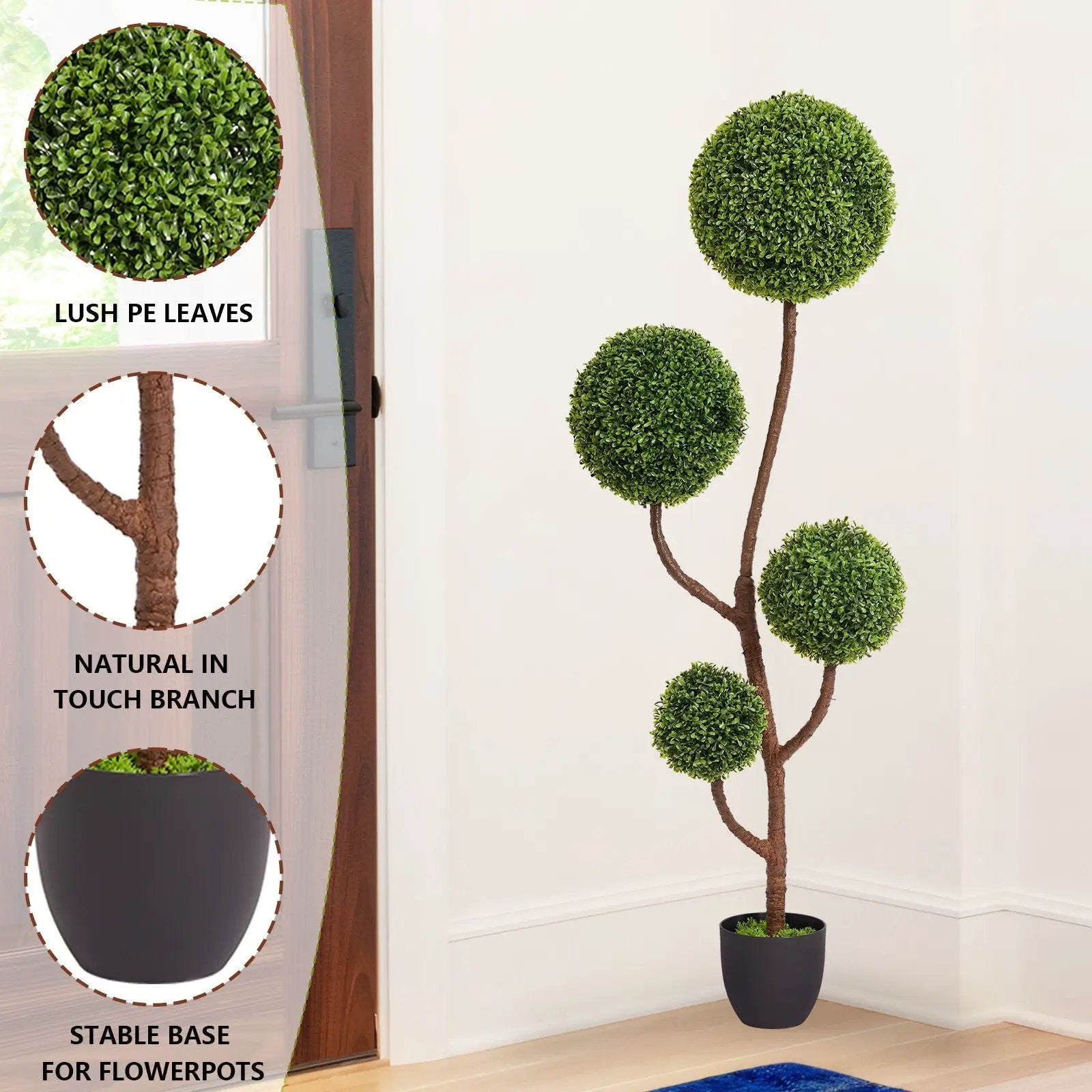 Artificial boxwood topiary with triple ball shapes, green PE leaves, 150 cm tall in pot on Tampa Home & Garden Store