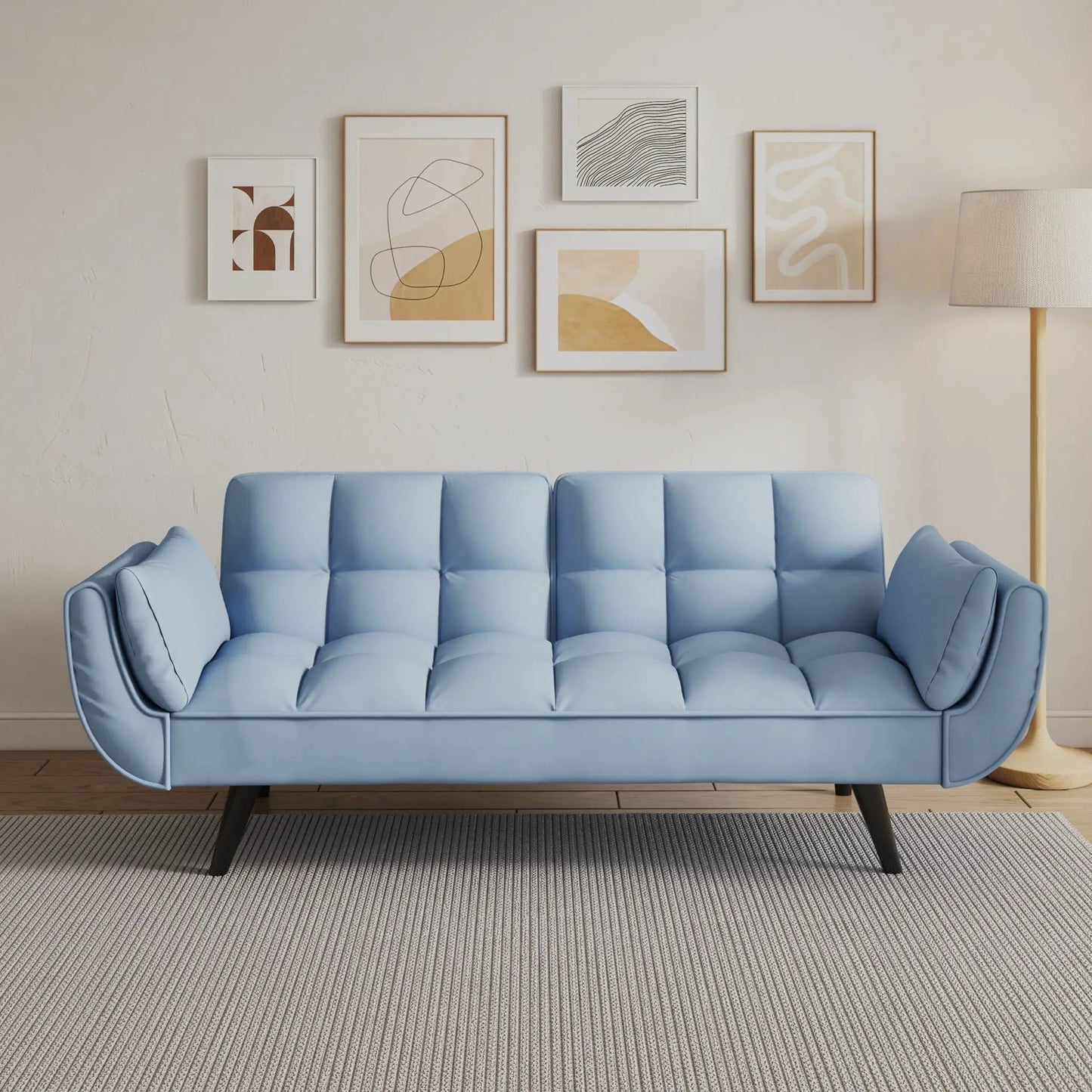 Blue tufted futon sofa with two arms and cushions by Unique Piece Furniture for small spaces on Tampa Home & Garden Store