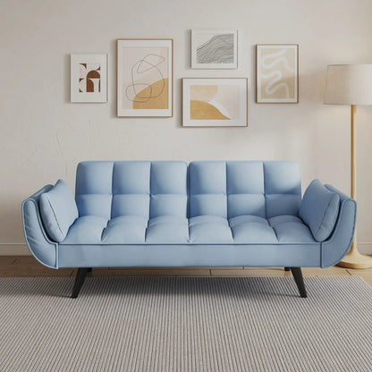 Blue tufted futon sofa with two arms and cushions by Unique Piece Furniture for small spaces on Tampa Home & Garden Store
