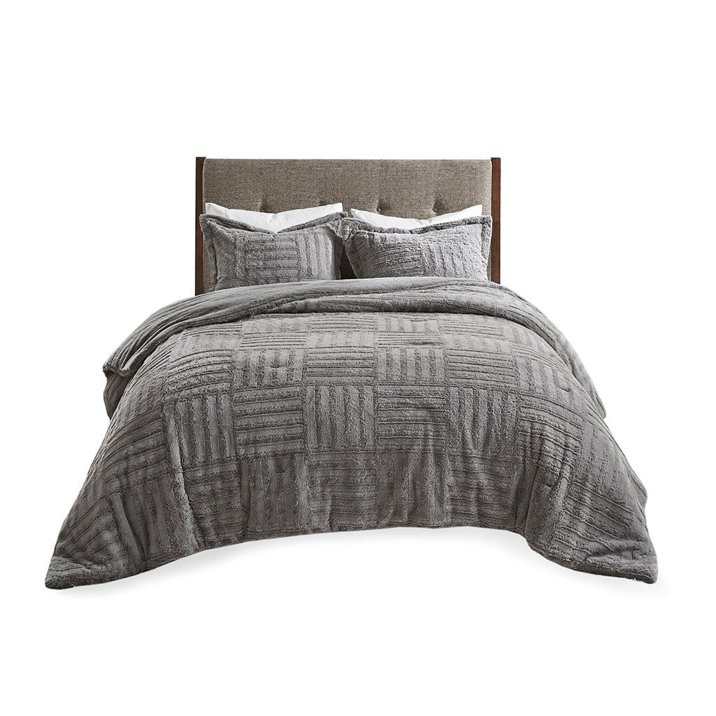 King/Cal King faux fur down-alternative comforter mini set in gray with texture and shams on Tampa Home & Garden Store