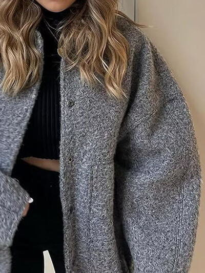 Stevvex autumn casual drop-shoulder jacket in grey textured fabric buttoned front pockets on Tampa Home & Garden Store