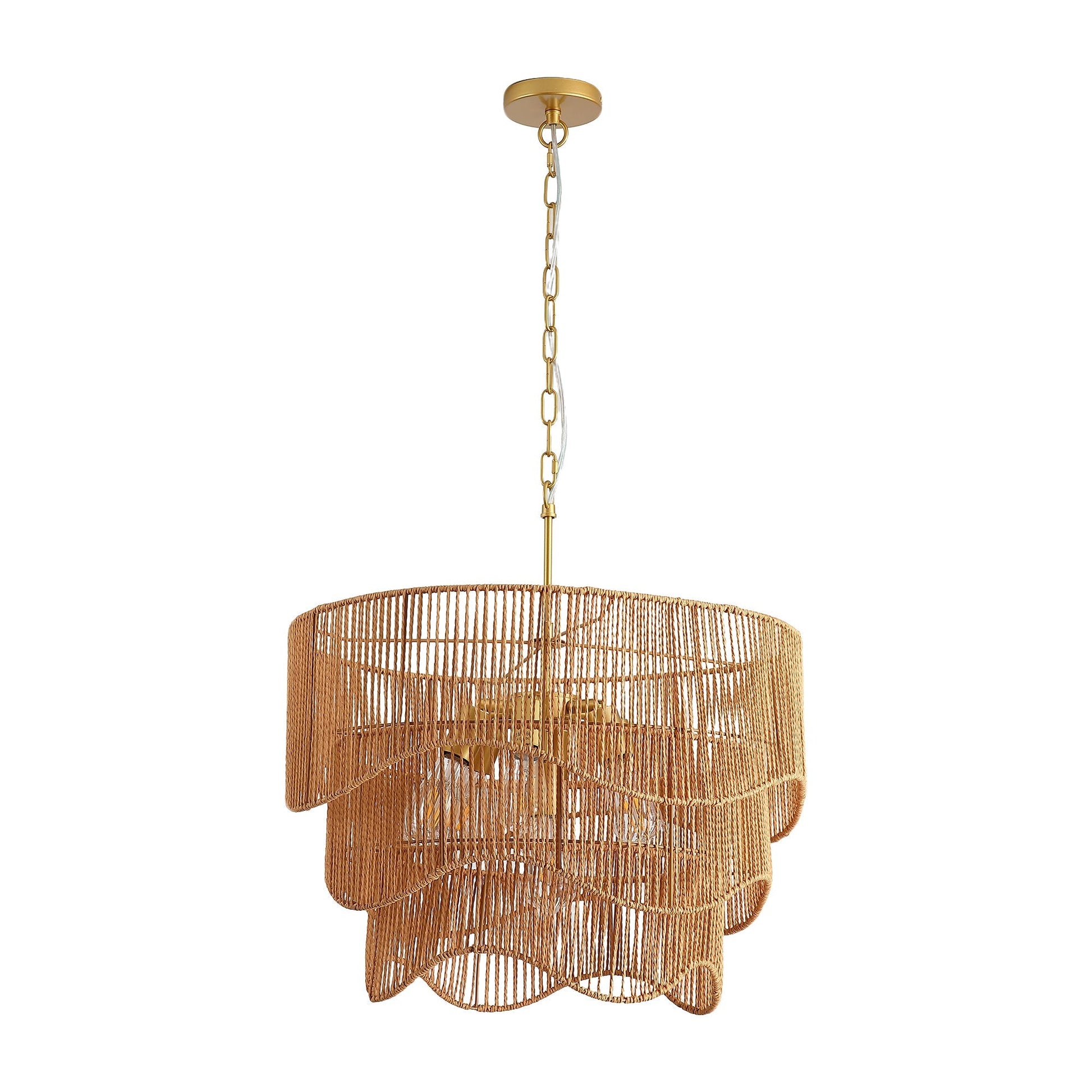 Handwoven paper rattan boho chandelier with 7-light E26 base, round tan shade, gold chain on Tampa Home & Garden Store