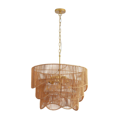 Handwoven paper rattan boho chandelier with 7-light E26 base, round tan shade, gold chain on Tampa Home & Garden Store