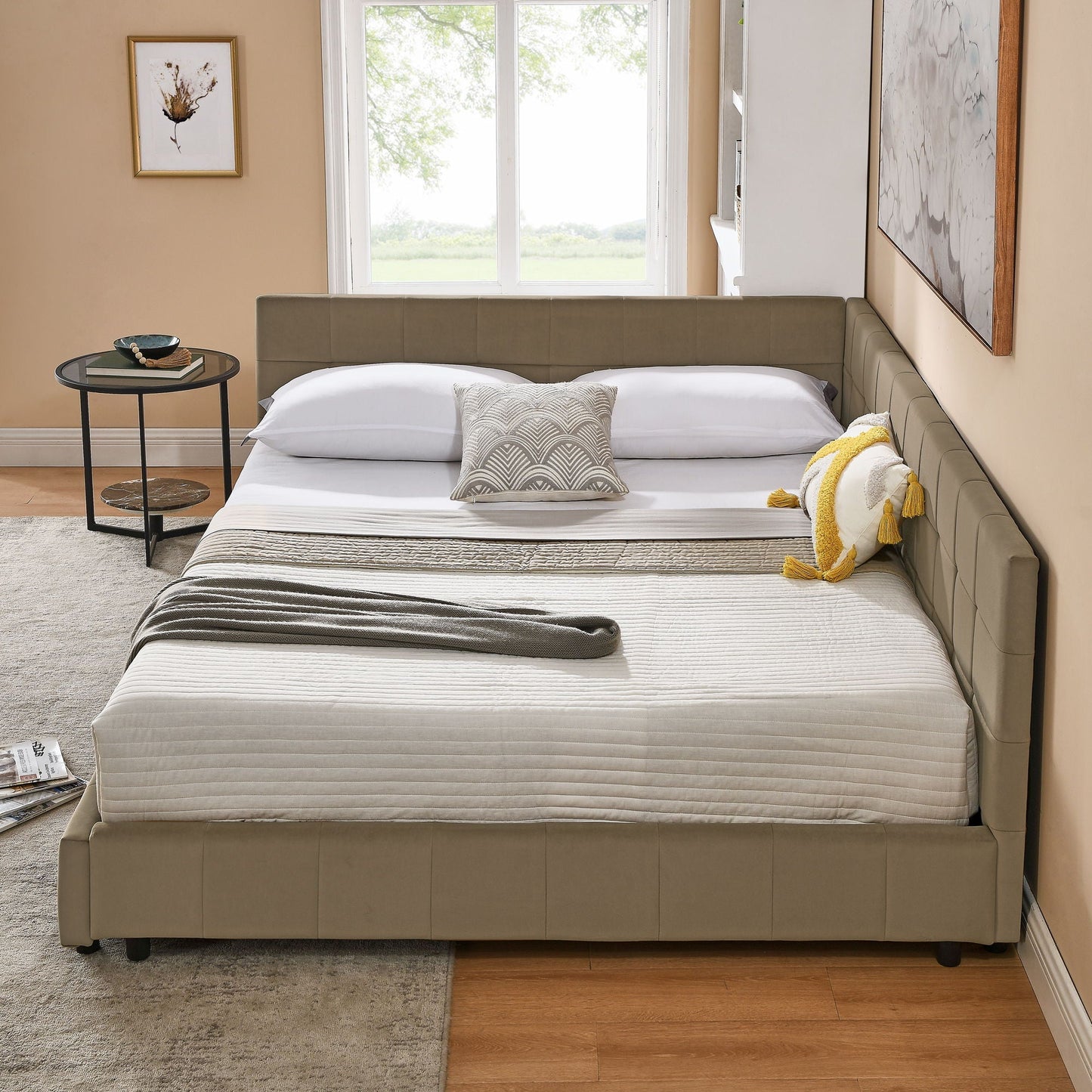 Mid Century Storage Upholstered Tufted Bed Frame