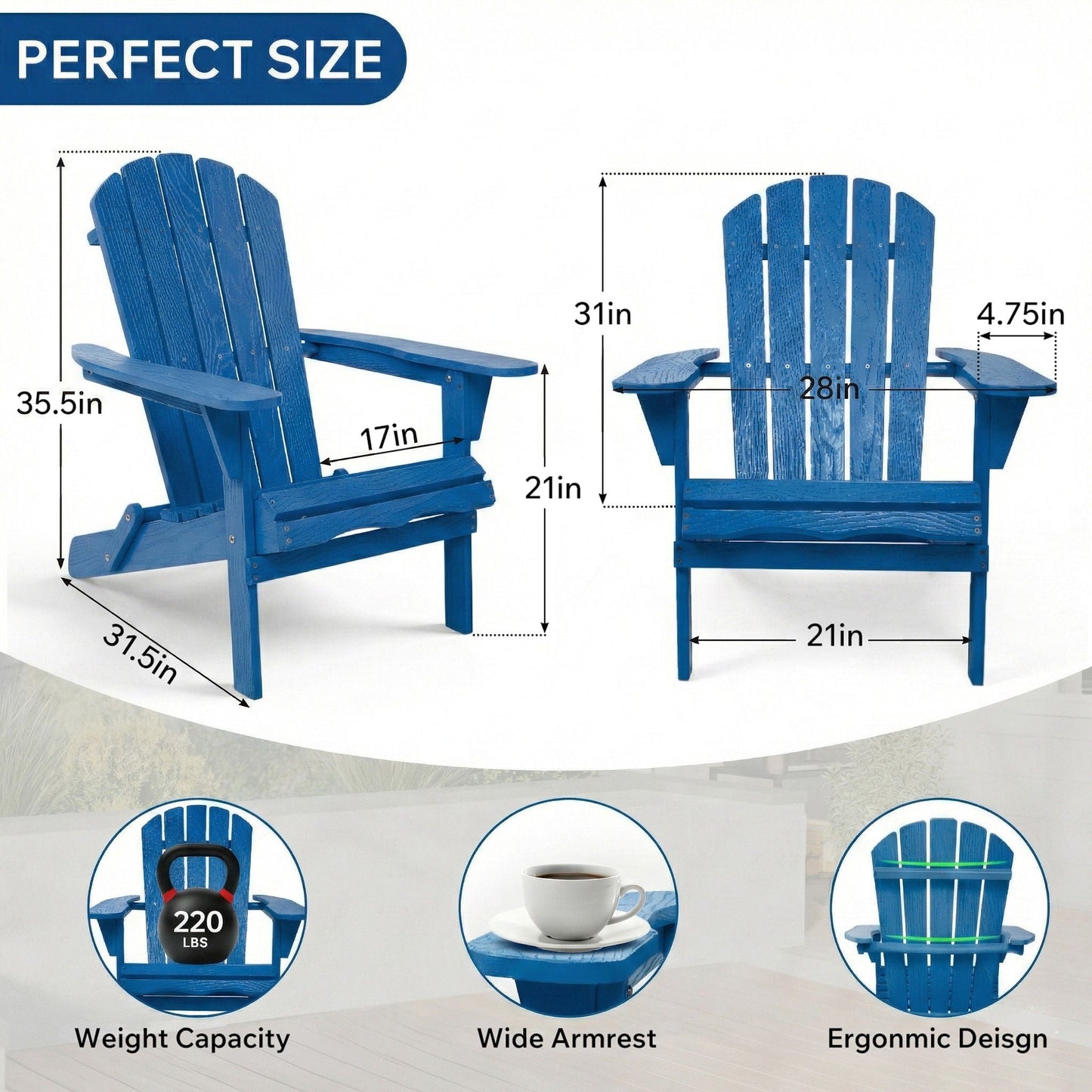 HouseOfZazla navy blue pair of folding Adirondack lounge chairs with embossed grain on Tampa Home & Garden Store