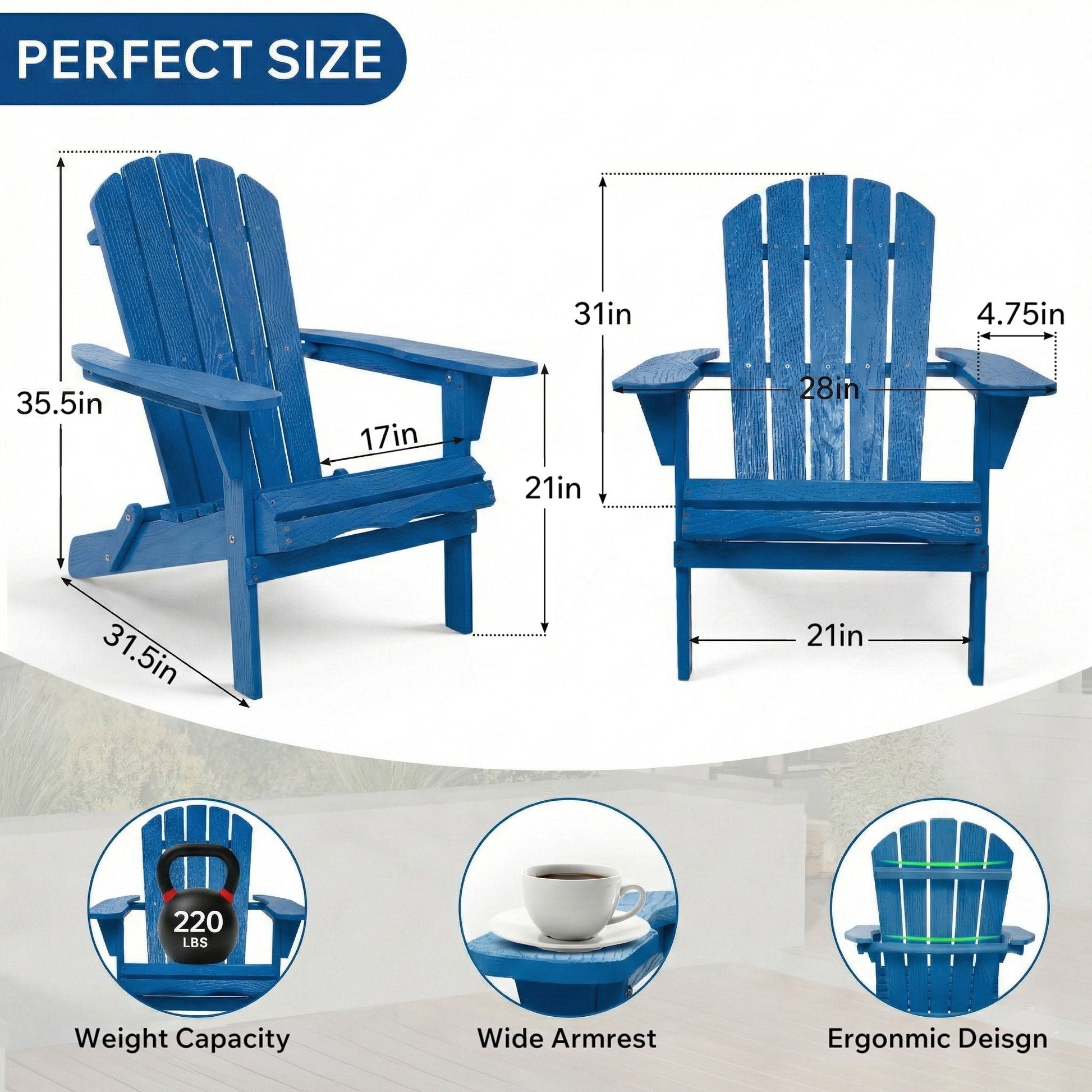 HouseOfZazla navy blue pair of folding Adirondack lounge chairs with embossed grain on Tampa Home & Garden Store