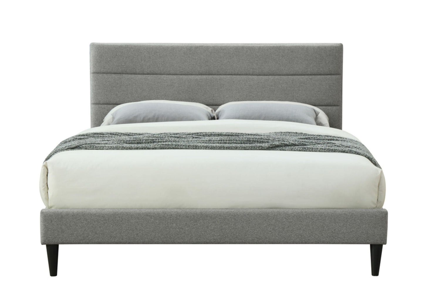 Full Sized Channel Bed upholstered in gray fabric with a tall headboard and black tapered legs on Tampa Home & Garden Store