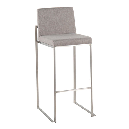 Contemporary high-back barstool with gray upholstered seat and metal frame on Tampa Home & Garden Store