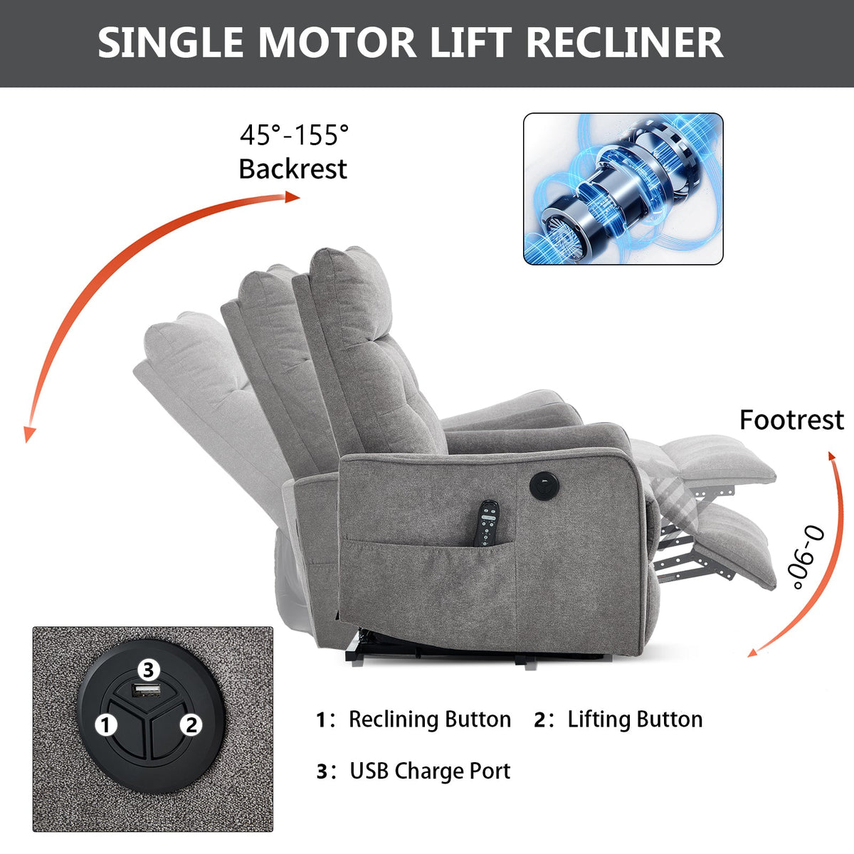 Comfortmax single motor lift recliner chair in grey fabric by HouseOfZazla with USB port on Tampa Home & Garden Store