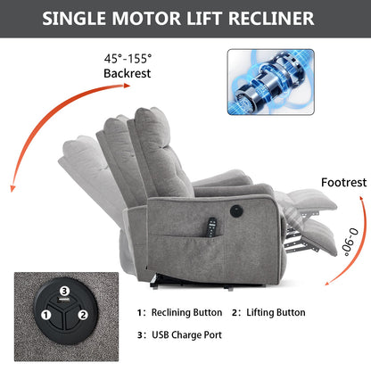 Comfortmax single motor lift recliner chair in grey fabric by HouseOfZazla with USB port on Tampa Home & Garden Store