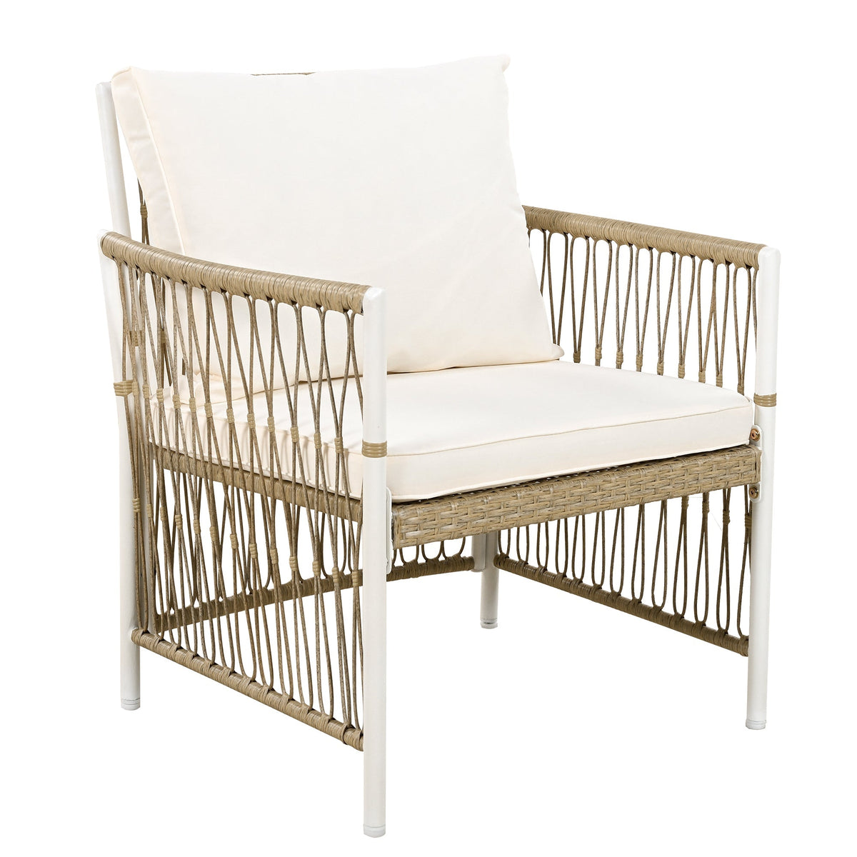 TOPMAX Patio 5pc outdoor dining chair with cream cushion, white frame and natural rattan weave on Tampa Home & Garden Store