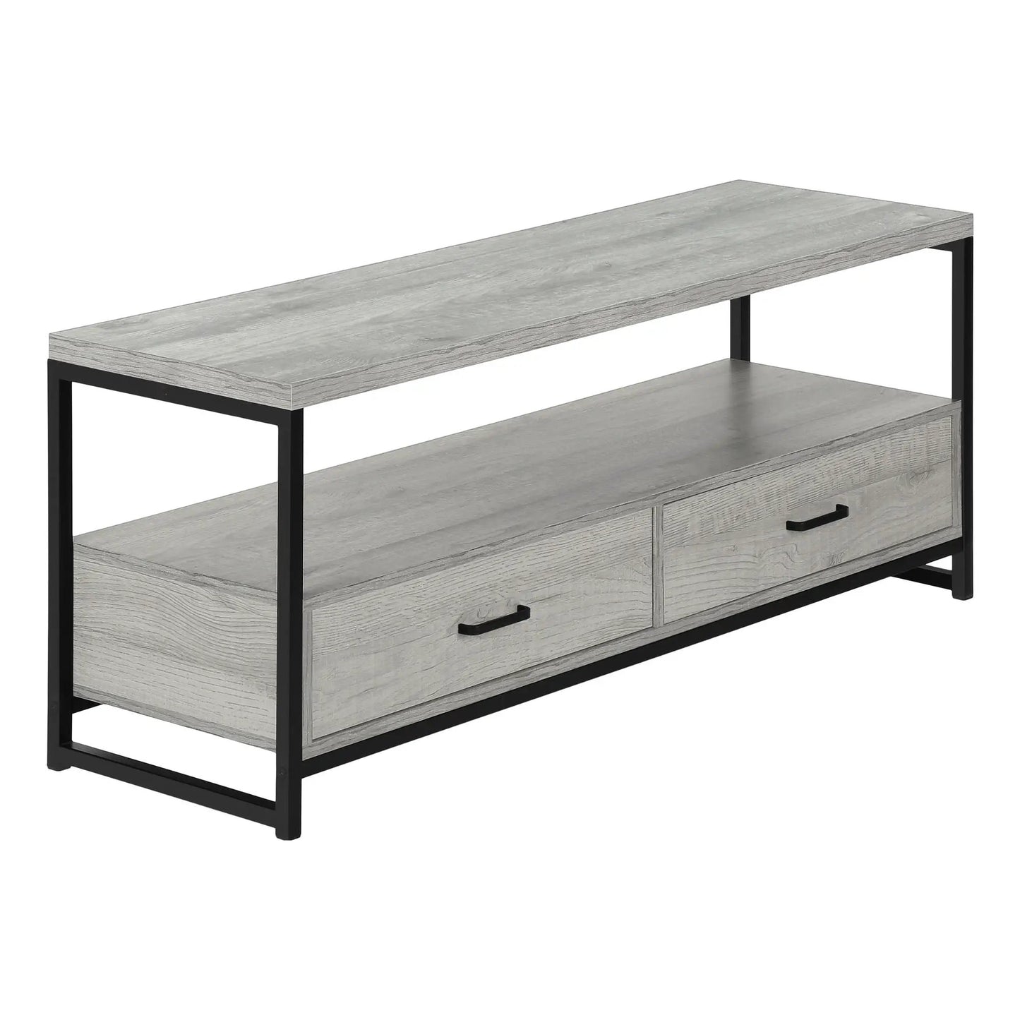 TV stand console in gray wood grain with black metal frame and two drawers on Tampa Home & Garden Store