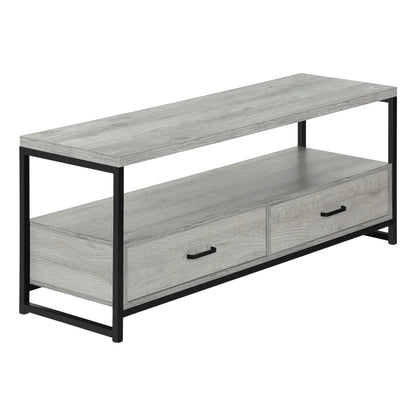 TV stand console in gray wood grain with black metal frame and two drawers on Tampa Home & Garden Store
