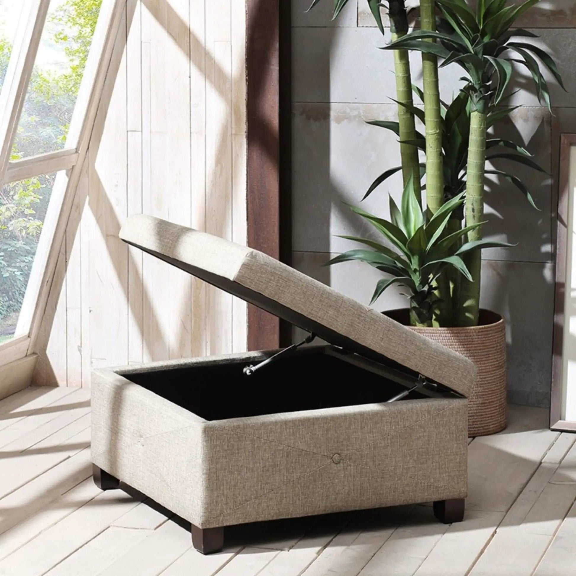 Aspen storage ottoman with soft-close beige fabric, open interior, by Unique Piece Furniture on Tampa Home & Garden Store