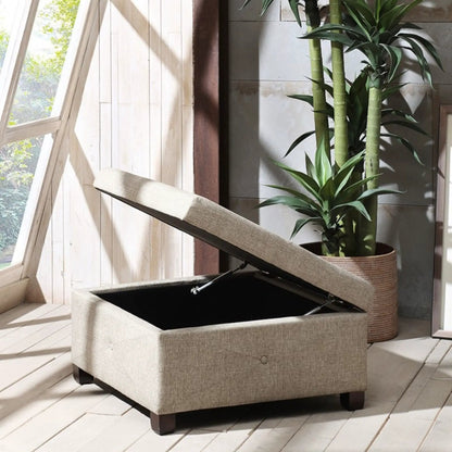Aspen storage ottoman with soft-close beige fabric, open interior, by Unique Piece Furniture on Tampa Home & Garden Store