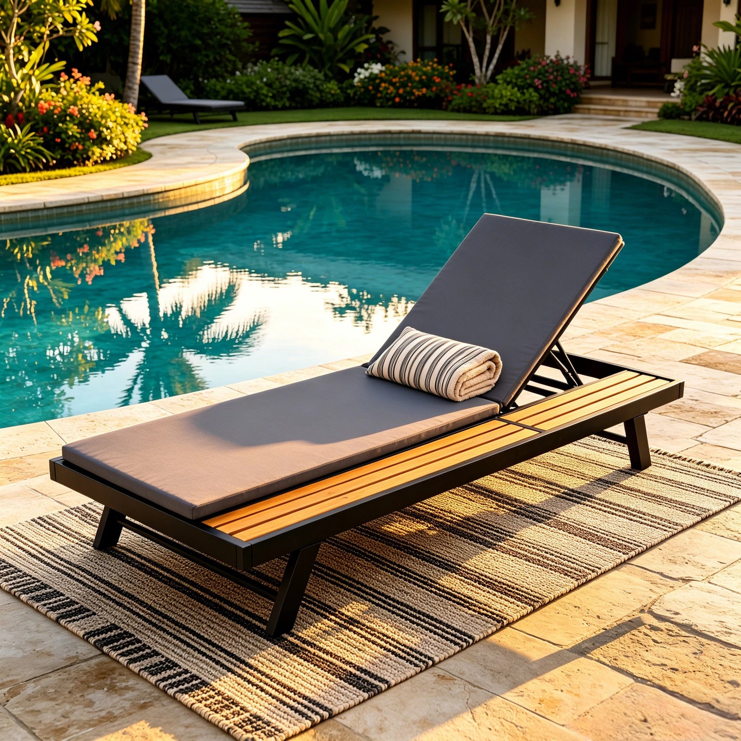 Black Iron and Teak Outdoor Chaise Lounge Set