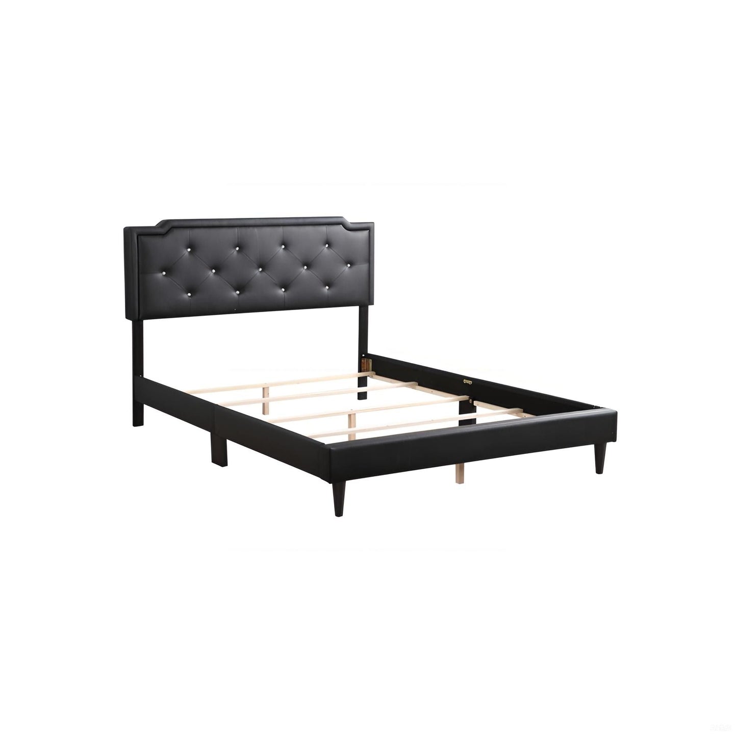 Button-tufted upholstered bed headboard in black by HouseOfZazla with slatted frame on Tampa Home & Garden Store