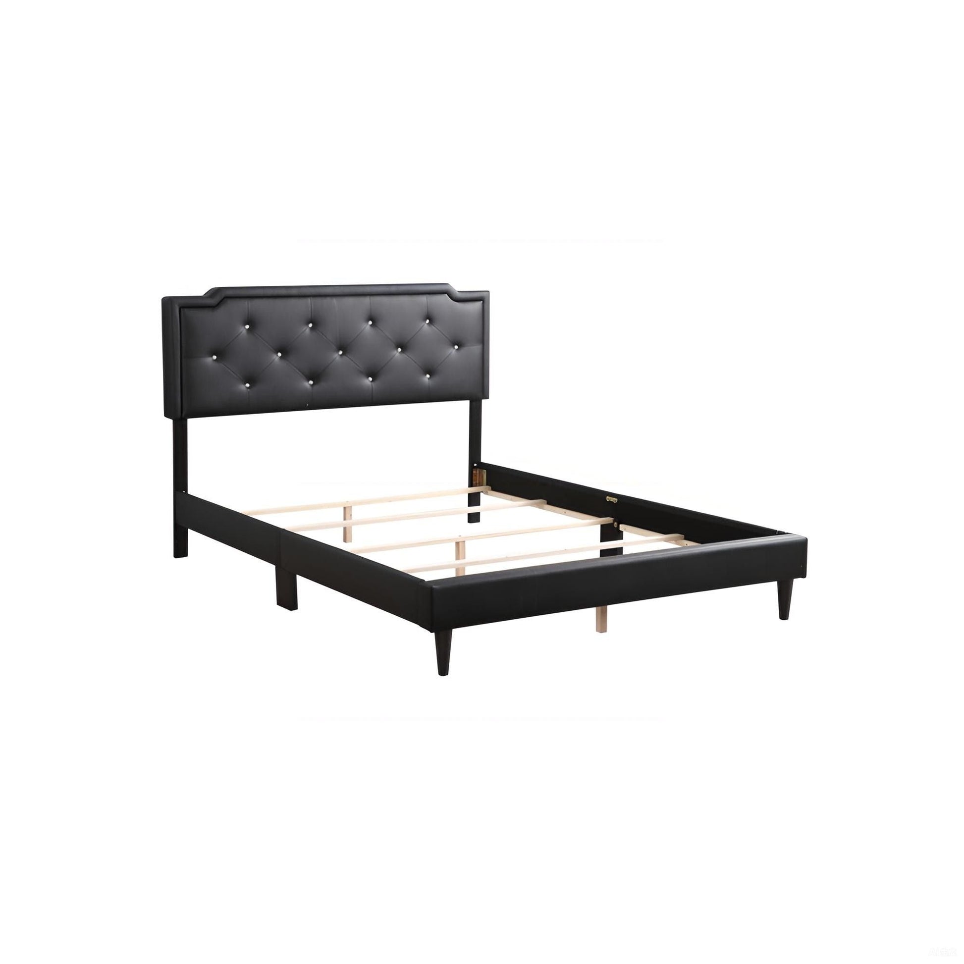 Button-tufted upholstered bed headboard in black by HouseOfZazla with slatted frame on Tampa Home & Garden Store